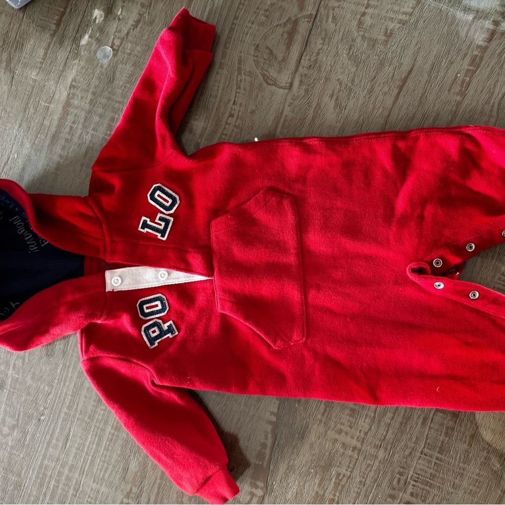 RALPH LAUREN Red Hooded Baby Onesie with Logo 3-6 Mo